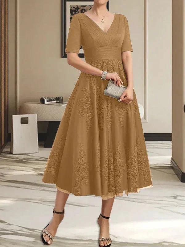 A-line V-Neck Tea-Length Tulle Lace Mother of the Bride Dress With Pleated