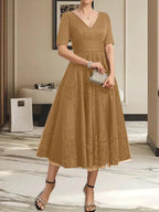 A-line V-Neck Tea-Length Tulle Lace Mother of the Bride Dress With Pleated
