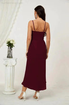 Numbersea Spaghetti Chiffon V Neck Bridesmaid Dress Mid-Length Slit Formal Prom Dress Homecoming Dress 2803