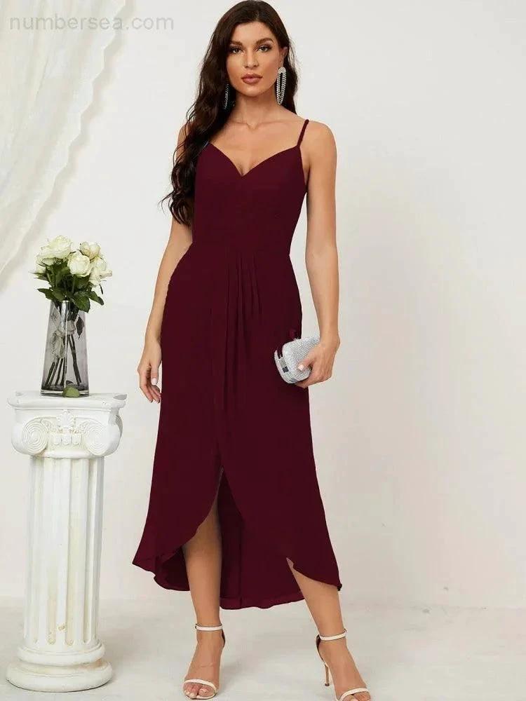 Numbersea Spaghetti Chiffon V Neck Bridesmaid Dress Mid-Length Slit Formal Prom Dress Homecoming Dress 2803