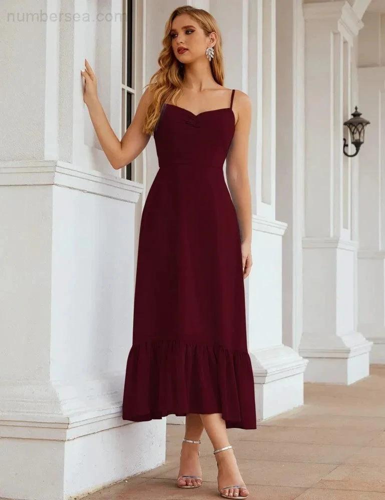 Numbersea  Spaghetti Strap Chiffon Bridesmaid Dress Ankle Length Formal A Line Cocktail Party Homecoming Dress for Juniors  SEA28028