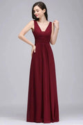 Burgundy Chiffon Sheath V Neck Long Evening Dresses