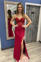 Burgundy Strapless Mermaid Appliques StraplessProm Dress with Slit PSK467