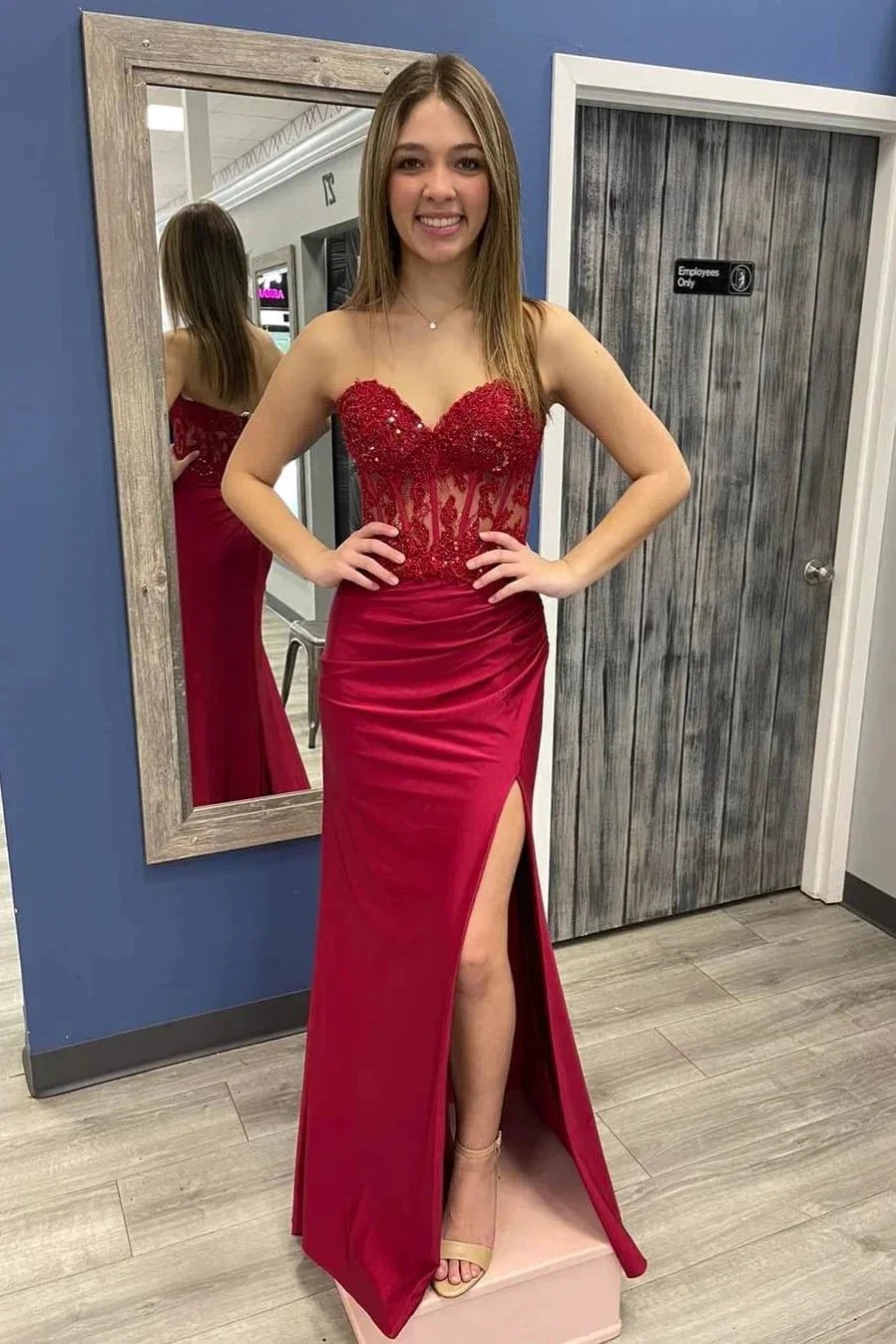 Burgundy Strapless Mermaid Appliques StraplessProm Dress with Slit PSK467