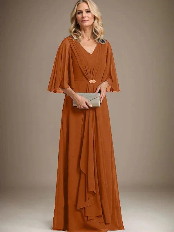 A-line V-Neck Floor-Length Chiffon Mother of the Bride Dress With Cascading Ruffles Crystal Brooch
