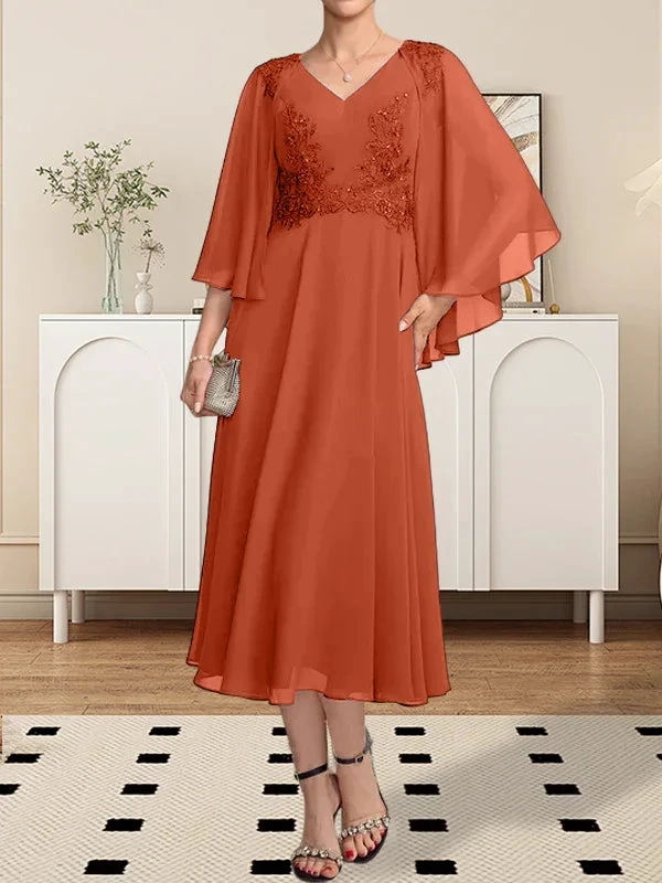 A-line V-Neck Tea-Length Chiffon Lace Mother of the Bride Dress With Beading Sequins