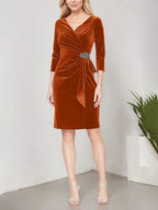 Short Velvet Sheath Dress with Surplice Neckline, Cascade Skirt and Embellishment Detail at Hip
