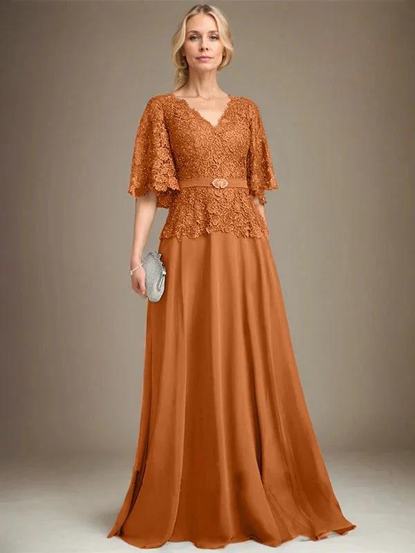 A-line V-Neck Floor-Length Chiffon Lace Mother of the Bride Dress With Crystal Brooch Rhinestone