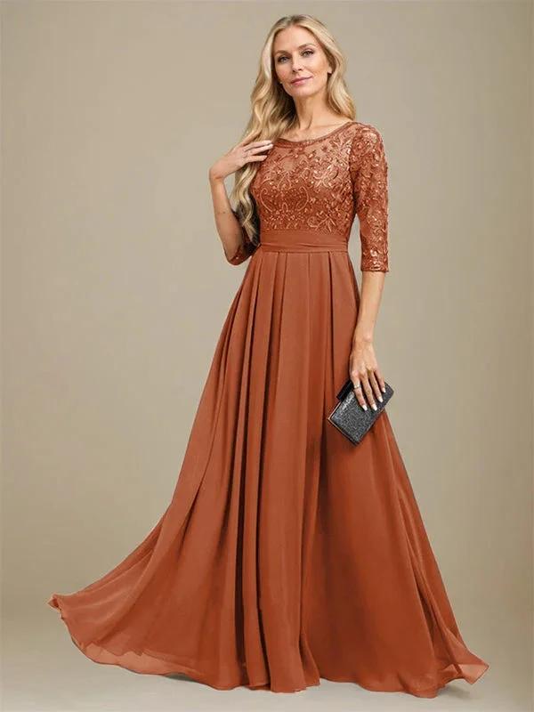 A-Line Scoop Floor-Length Lace Chiffon Mother Of the Bride Dress With Sequins Applique