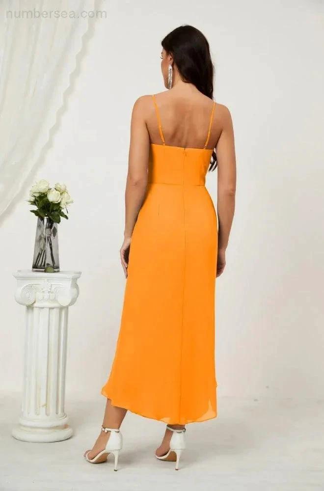 Numbersea Spaghetti Chiffon V Neck Bridesmaid Dress Mid-Length Slit Formal Prom Dress Homecoming Dress 2803