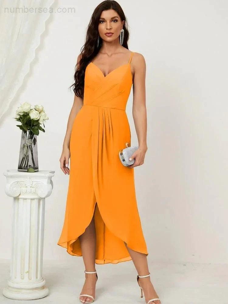 Numbersea Spaghetti Chiffon V Neck Bridesmaid Dress Mid-Length Slit Formal Prom Dress Homecoming Dress 2803