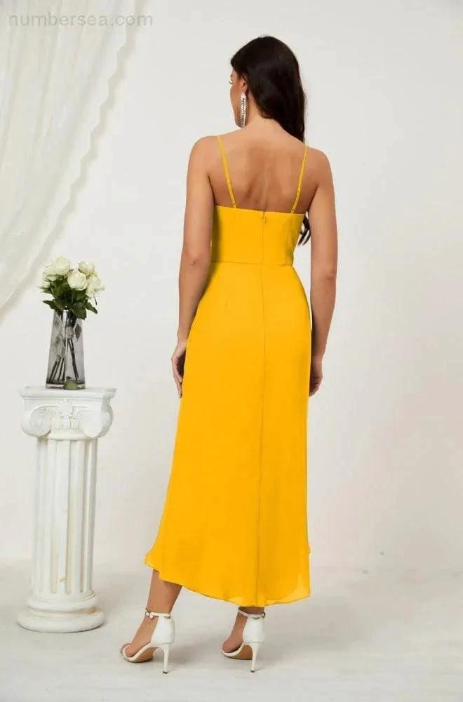 Numbersea Spaghetti Chiffon V Neck Bridesmaid Dress Mid-Length Slit Formal Prom Dress Homecoming Dress 2803
