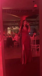 Classy V Neck Black Sleeveless Satin Prom Dress Side Slit Party Evening Dress Y8456