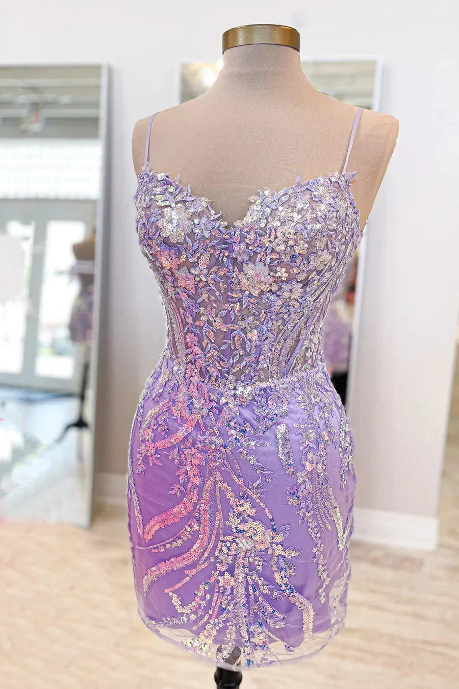 Straps Lavender Sequin Appliques Tight Mini Homecoming Dress Y4007
