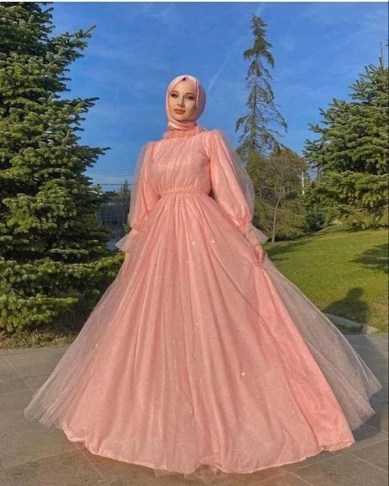 Pink tulle long prom dress pink tulle evening dress Y6325