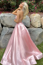 Simple Pink A-Line Satin Party Dress Side Slit Prom Dress Evening Dress Y8563