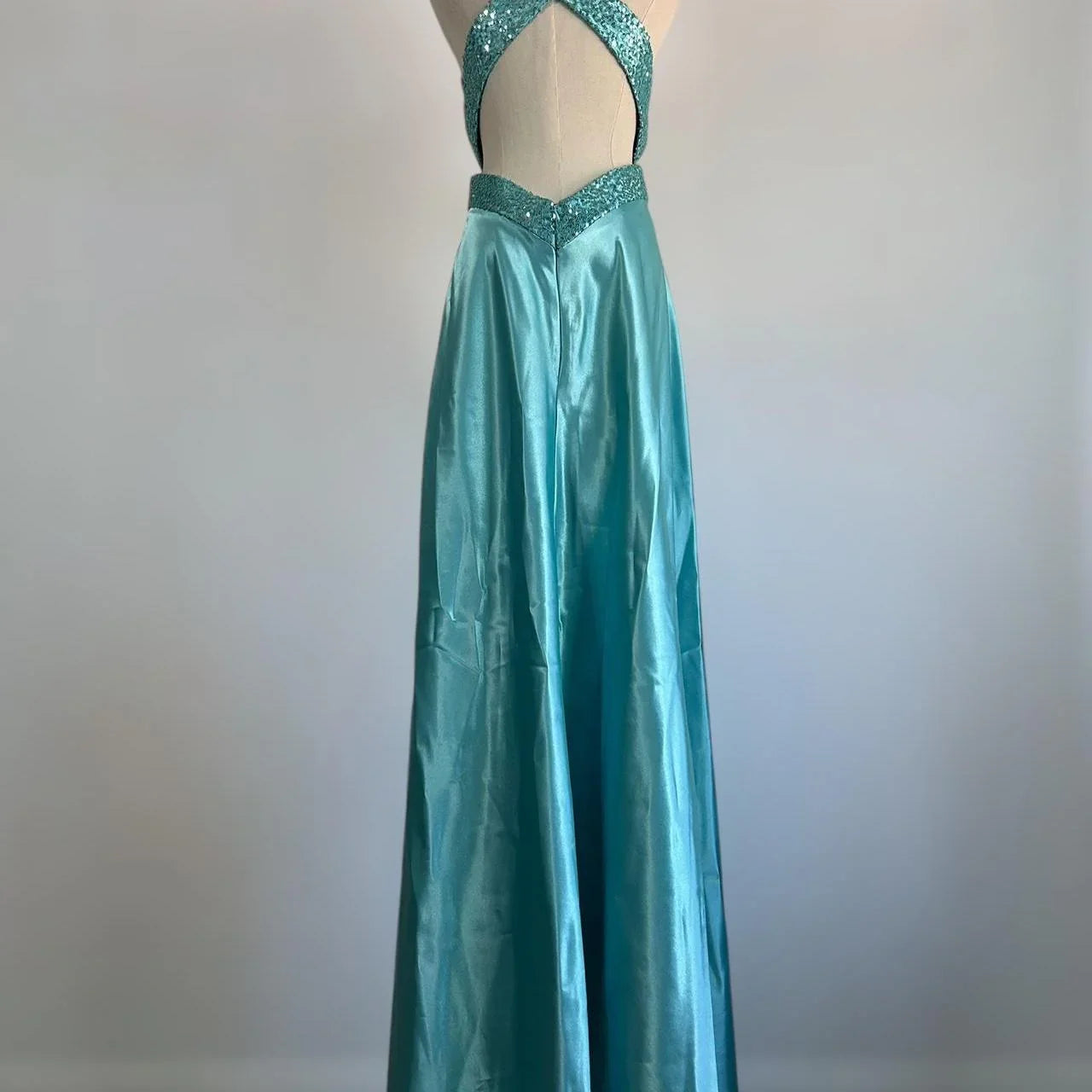 Blue V Neck Satin Sequin Formal Prom Dress Backless Evening Dress Y8548