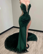 Green Velvet Sexy Strapless Prom Dresses Women Custom Split Long Evening Dress Y1422