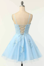 Light Blue A-line Spaghetti Straps Lace-Up Back Applique Mini Homecoming Dress Y2673