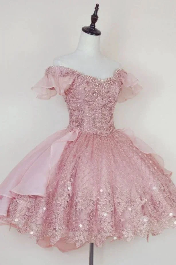 Princess Pink Lace Applique Short Homecoming Dress Y2502
