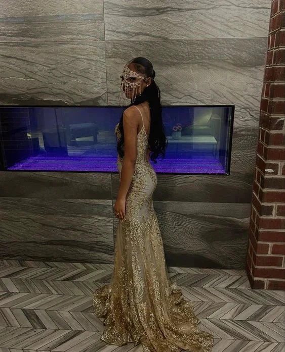 Princess Embroidered Corset Style Gold Mermaid Evening Dress Y5887