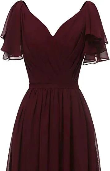 Leaf Sleeve Bridesmaid Dress V Neck Chiffon Long Formal Wedding Evening Dress Y1206