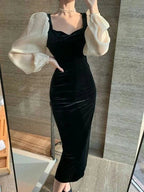 Winter V-Neck Elegant Black Stitching Velvet Dress Female Retro High Waist Puff Sleeves Evening Dress Y5673