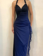 Sexy Halter Ombre Navy Blue V Neck Chiffon Long Prom Dress Party Evening Gown Y7486