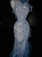 Gorgeous Blue Tulle Sequins Beaded Ruffles Mermaid Prom Dress,Formal Evening Dress Wedding Dress Y8671