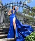 Gorgeous Royal Blue Satin Beaded Mermaid Evening Dress Long Slit Prom Dress Y8526