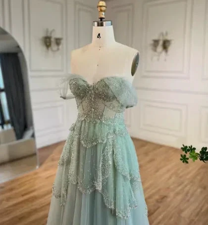 Sage Green A-Line Off The Shoulder Tulle Beaded Evening Dress Formal Prom Dress Y8157