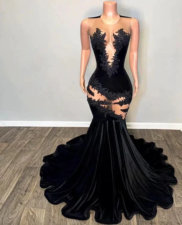 Sexy Lace Applique Prom Dress Black Mermaid Evening Dress Y6497