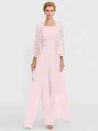 3 Piece Chiffon Square Neck Mother of the Bride Pantsuits with Jacket