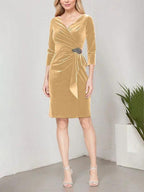 Short Velvet Sheath Dress with Surplice Neckline, Cascade Skirt and Embellishment Detail at Hip