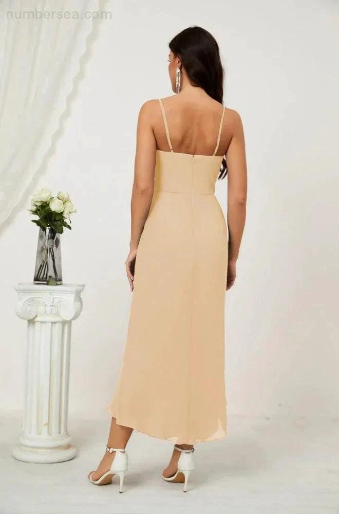 Numbersea Spaghetti Chiffon V Neck Bridesmaid Dress Mid-Length Slit Formal Prom Dress Homecoming Dress 2803