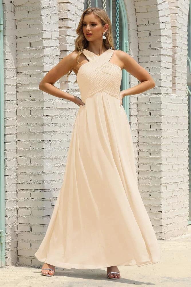 Numbersea Women Halter Chiffon Bridesmaid Dress A-line Long Formal Prom Gown SEA28015