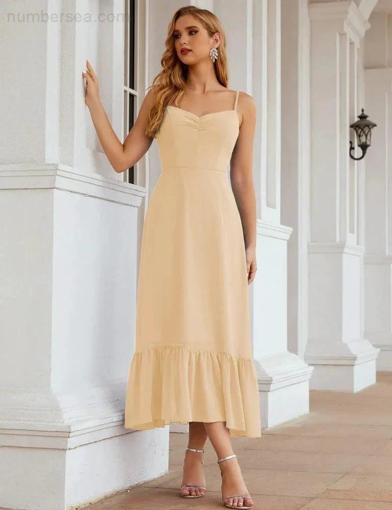 Numbersea  Spaghetti Strap Chiffon Bridesmaid Dress Ankle Length Formal A Line Cocktail Party Homecoming Dress for Juniors  SEA28028