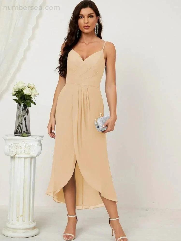 Numbersea Spaghetti Chiffon V Neck Bridesmaid Dress Mid-Length Slit Formal Prom Dress Homecoming Dress 2803
