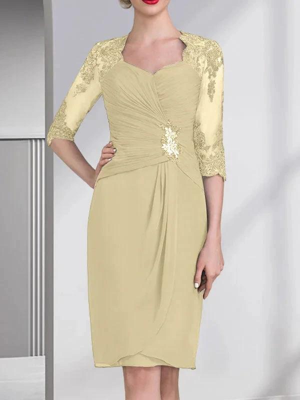 Sheath/Column Sweetheart Knee-Length Chiffon Mother of the Bride Dress With Beading Appliques Lace Sequins Pleated