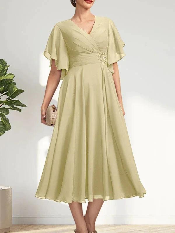 A-line V-Neck Tea-Length Chiffon Mother of the Bride Dress With Pleated Beading