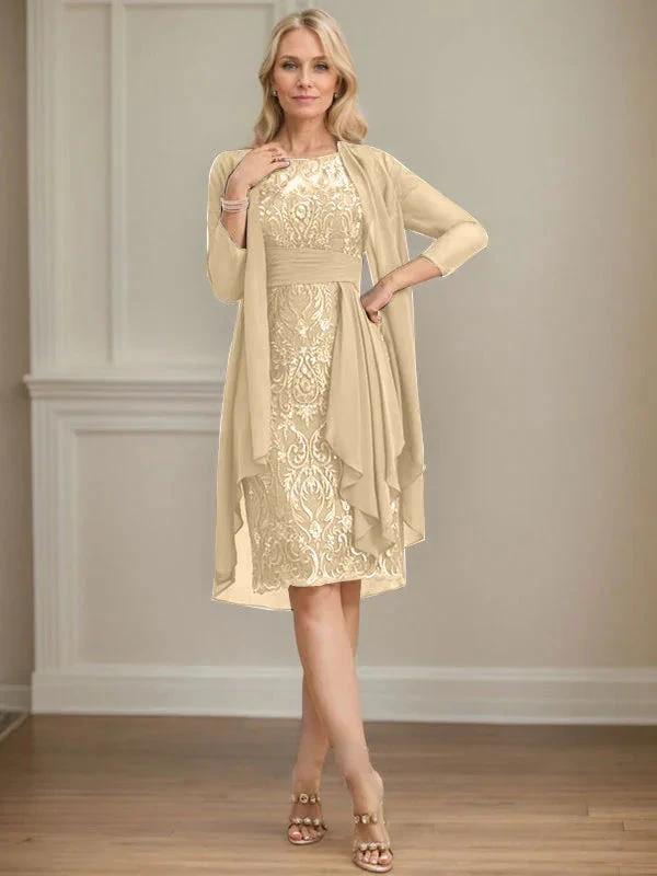 Sheath/Column Scoop Illusion Knee-Length Lace Chiffon Mother of the Bride Dress With Cascading Ruffles Sequins