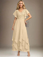 A-line V-Neck Ankle-Length Lace Chiffon Mother of the Bride Dress With Cascading Ruffles