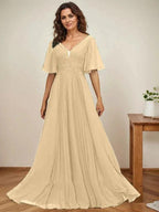 A-line V-Neck Floor-Length Chiffon Mother of the Bride Dress With Sequins Appliques Lace Pleated