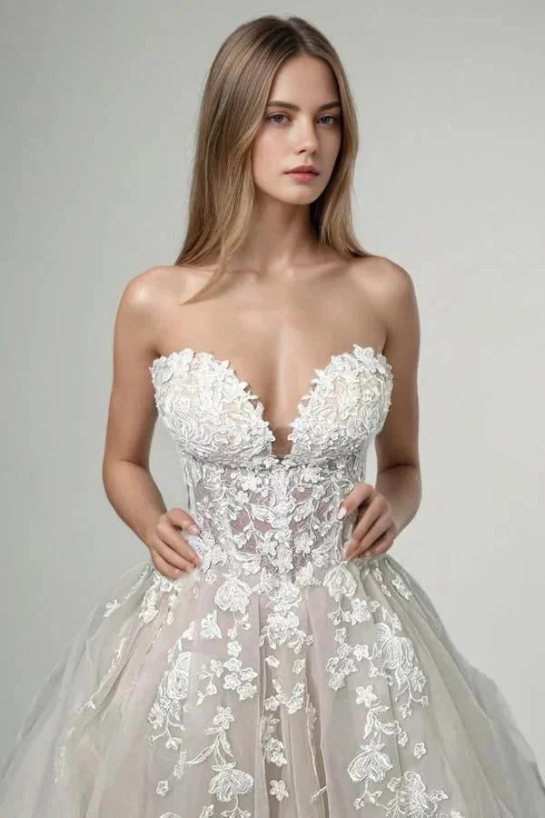 Champagne Tulle Lace Elegant Wedding Dresses Strapless Bridal Gowns WD712