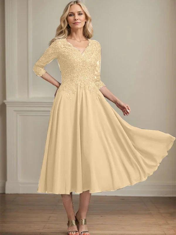A-line V-Neck Tea-Length Chiffon Lace Mother of the Bride Dress With Beading Sequins