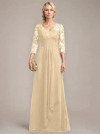 A-line V-Neck Floor-Length Lace Chiffon Mother of the Bride Dress With Cascading Ruffles Sequins