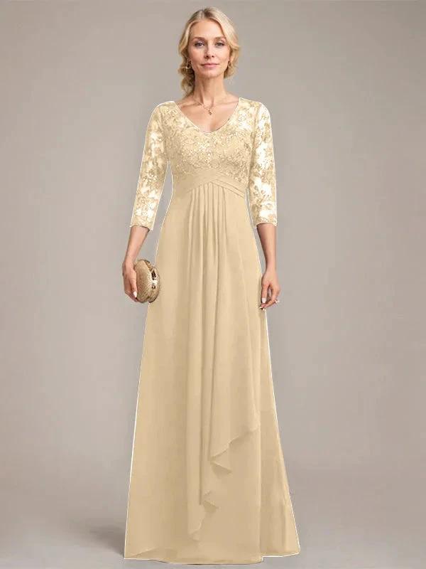 A-line V-Neck Floor-Length Lace Chiffon Mother of the Bride Dress With Cascading Ruffles Sequins