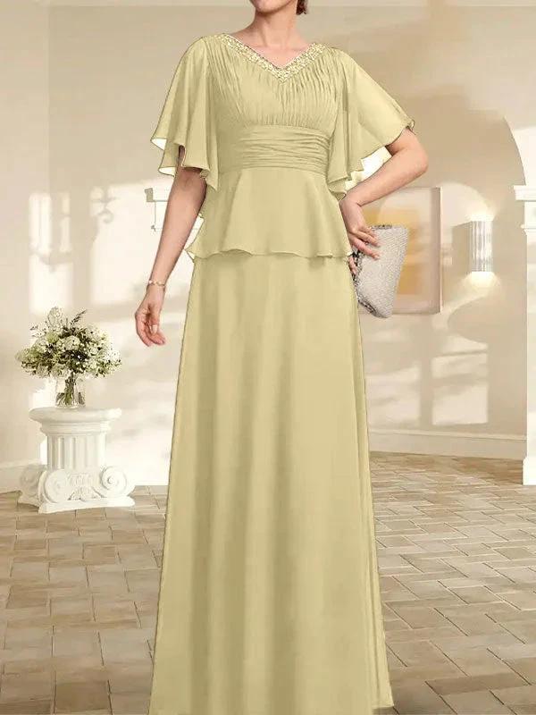 A-line V-Neck Floor-Length Chiffon Mother of the Bride Dress With Pleated Beading