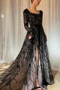 Charming Long Black A-line Lace Glitter Long Sleeves Wedding Dress with Slit