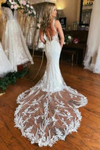 Charming Long V-neck Mermaid Sleeveless Wedding Dress With Lace